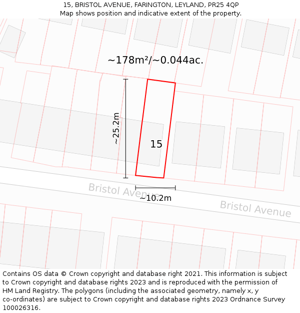 15, BRISTOL AVENUE, FARINGTON, LEYLAND, PR25 4QP: Plot and title map