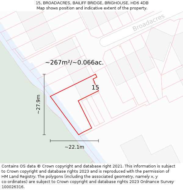 15, BROADACRES, BAILIFF BRIDGE, BRIGHOUSE, HD6 4DB: Plot and title map