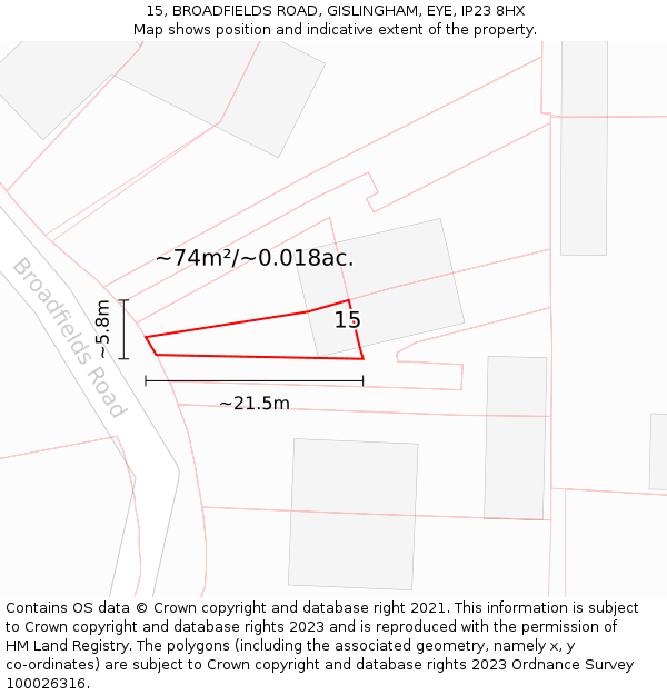 15, BROADFIELDS ROAD, GISLINGHAM, EYE, IP23 8HX: Plot and title map