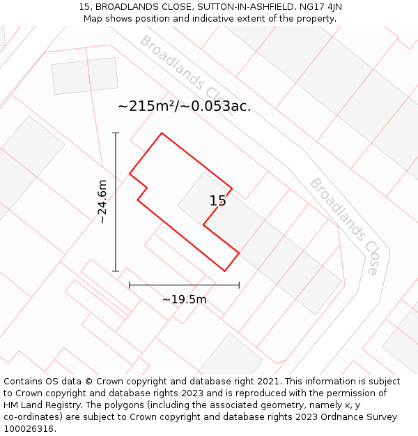 15, BROADLANDS CLOSE, SUTTON-IN-ASHFIELD, NG17 4JN: Plot and title map