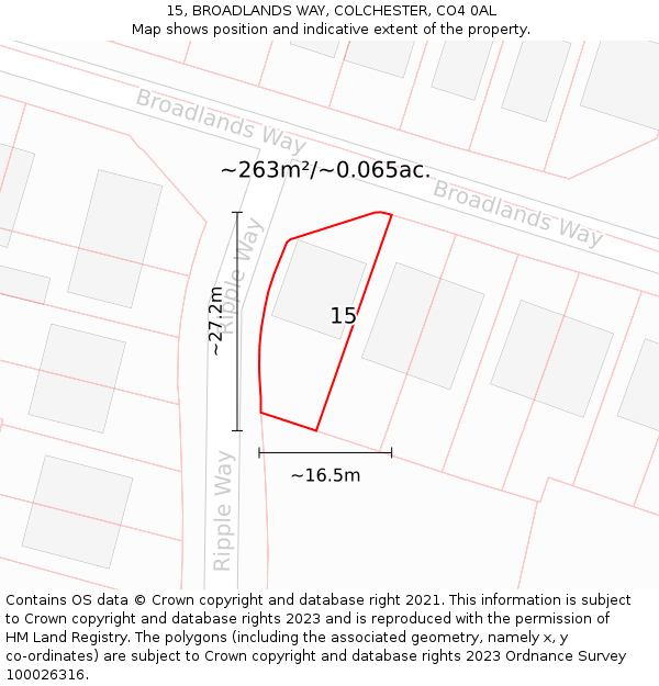 15, BROADLANDS WAY, COLCHESTER, CO4 0AL: Plot and title map
