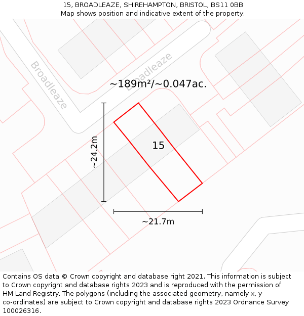 15, BROADLEAZE, SHIREHAMPTON, BRISTOL, BS11 0BB: Plot and title map
