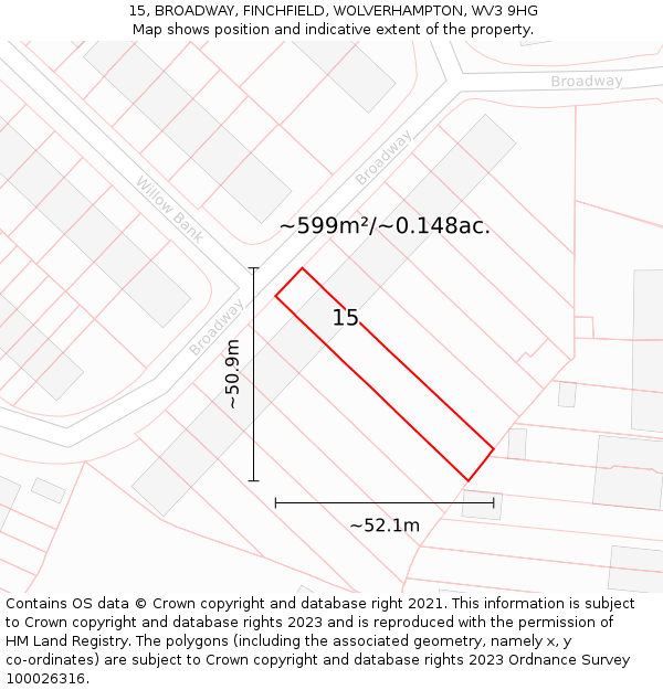 15, BROADWAY, FINCHFIELD, WOLVERHAMPTON, WV3 9HG: Plot and title map