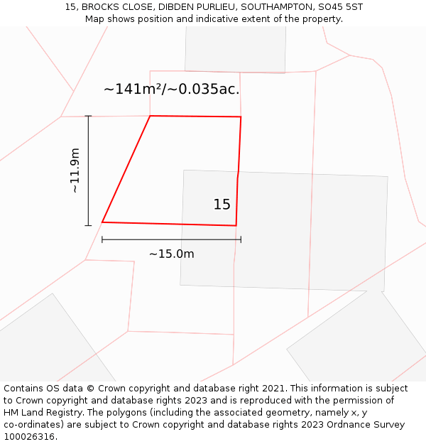 15, BROCKS CLOSE, DIBDEN PURLIEU, SOUTHAMPTON, SO45 5ST: Plot and title map