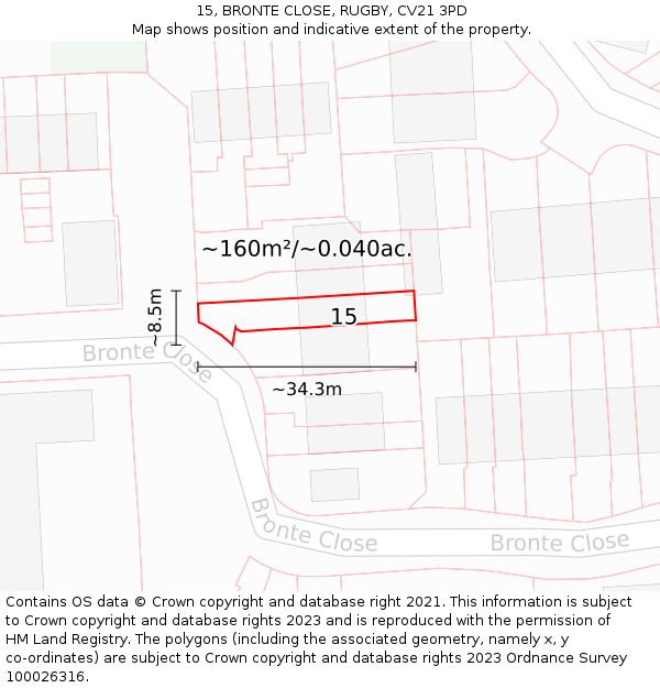 15, BRONTE CLOSE, RUGBY, CV21 3PD: Plot and title map