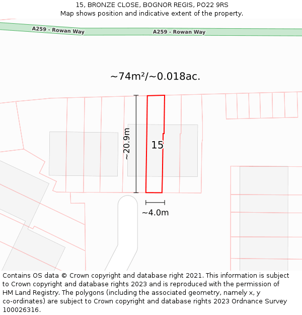 15, BRONZE CLOSE, BOGNOR REGIS, PO22 9RS: Plot and title map