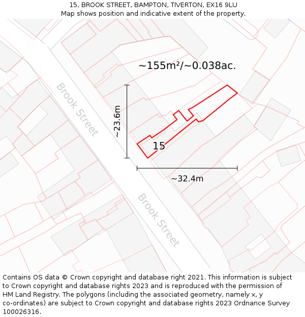 15, BROOK STREET, BAMPTON, TIVERTON, EX16 9LU: Plot and title map