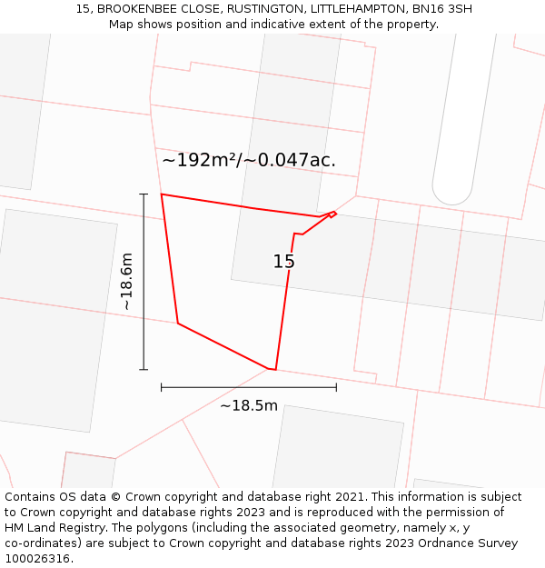 15, BROOKENBEE CLOSE, RUSTINGTON, LITTLEHAMPTON, BN16 3SH: Plot and title map