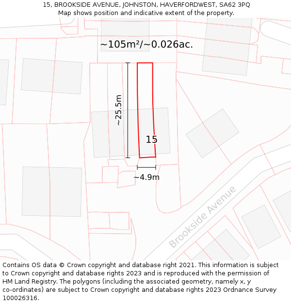 15, BROOKSIDE AVENUE, JOHNSTON, HAVERFORDWEST, SA62 3PQ: Plot and title map