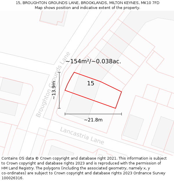 15, BROUGHTON GROUNDS LANE, BROOKLANDS, MILTON KEYNES, MK10 7FD: Plot and title map