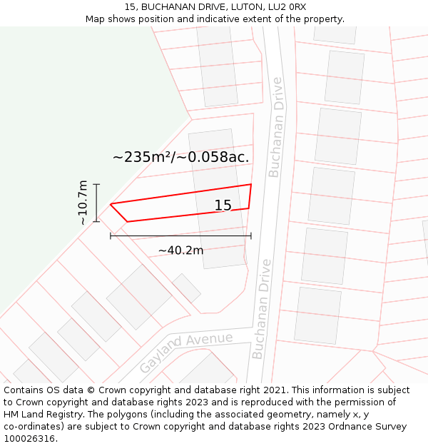 15, BUCHANAN DRIVE, LUTON, LU2 0RX: Plot and title map