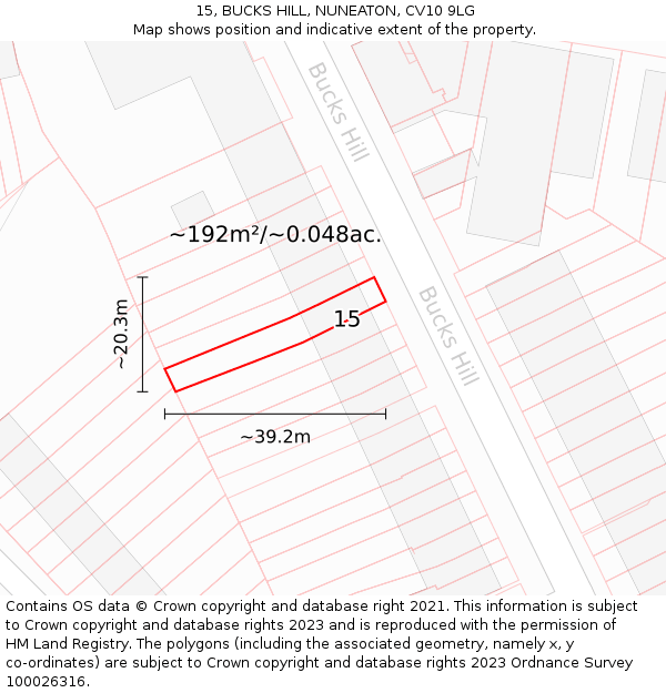 15, BUCKS HILL, NUNEATON, CV10 9LG: Plot and title map