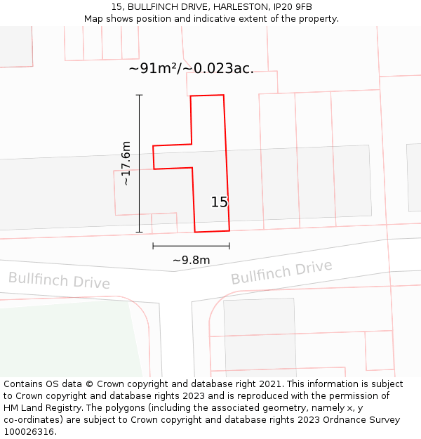 15, BULLFINCH DRIVE, HARLESTON, IP20 9FB: Plot and title map