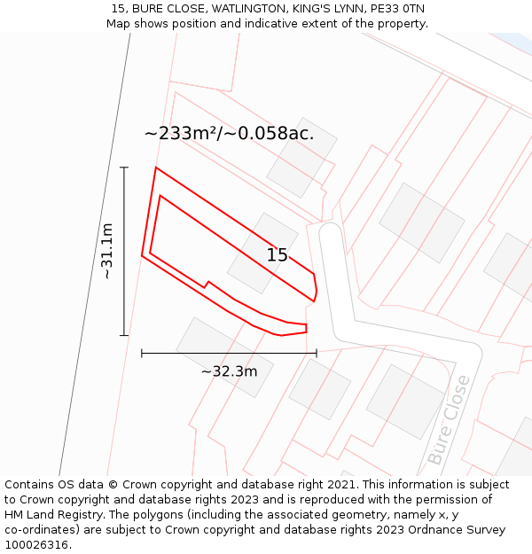 15, BURE CLOSE, WATLINGTON, KING'S LYNN, PE33 0TN: Plot and title map