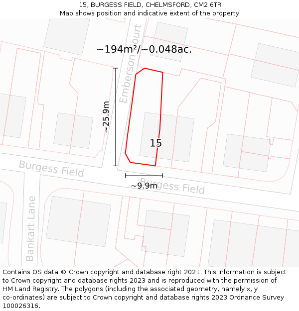 15, BURGESS FIELD, CHELMSFORD, CM2 6TR: Plot and title map