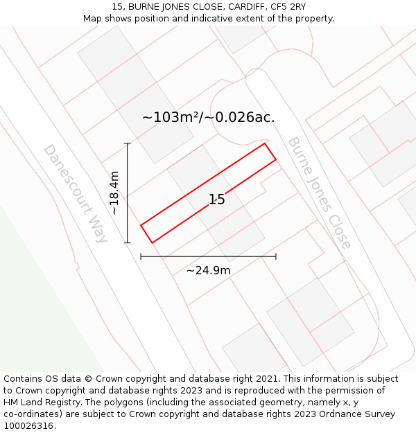 15, BURNE JONES CLOSE, CARDIFF, CF5 2RY: Plot and title map