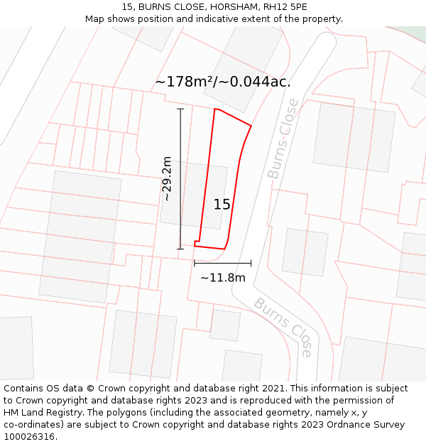 15, BURNS CLOSE, HORSHAM, RH12 5PE: Plot and title map