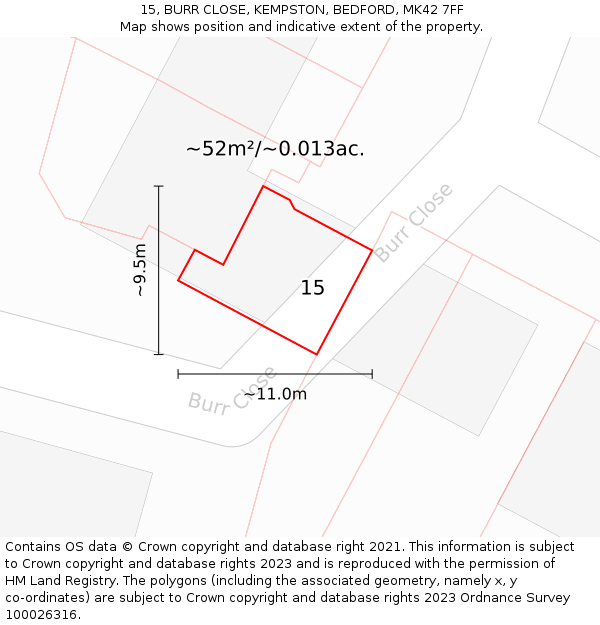 15, BURR CLOSE, KEMPSTON, BEDFORD, MK42 7FF: Plot and title map