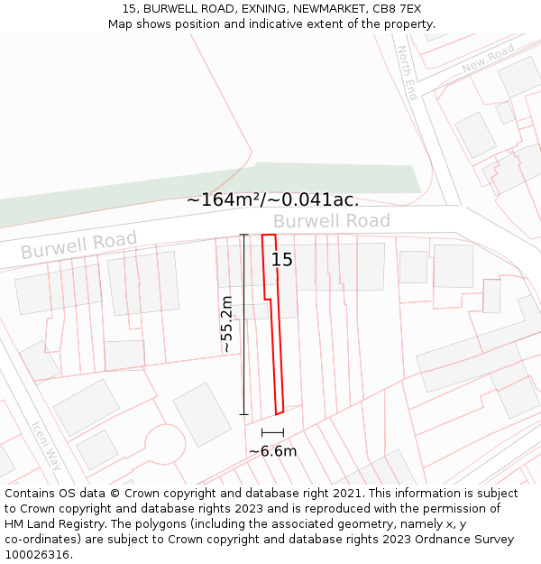 15, BURWELL ROAD, EXNING, NEWMARKET, CB8 7EX: Plot and title map