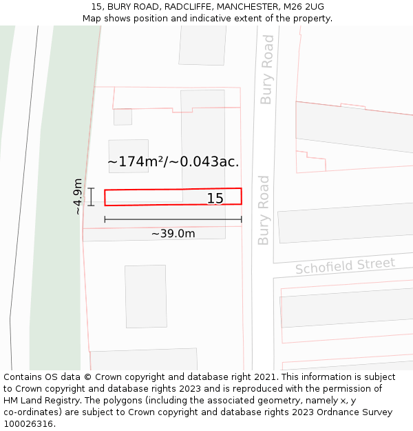 15, BURY ROAD, RADCLIFFE, MANCHESTER, M26 2UG: Plot and title map