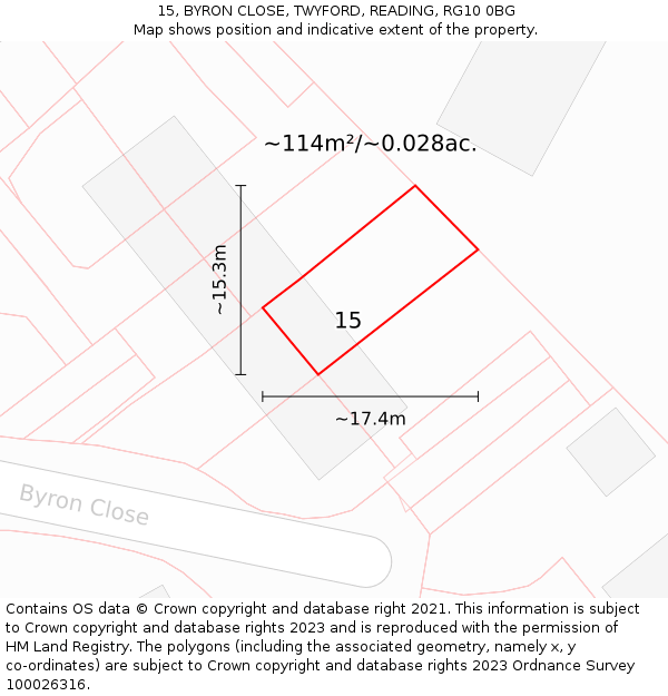 15, BYRON CLOSE, TWYFORD, READING, RG10 0BG: Plot and title map