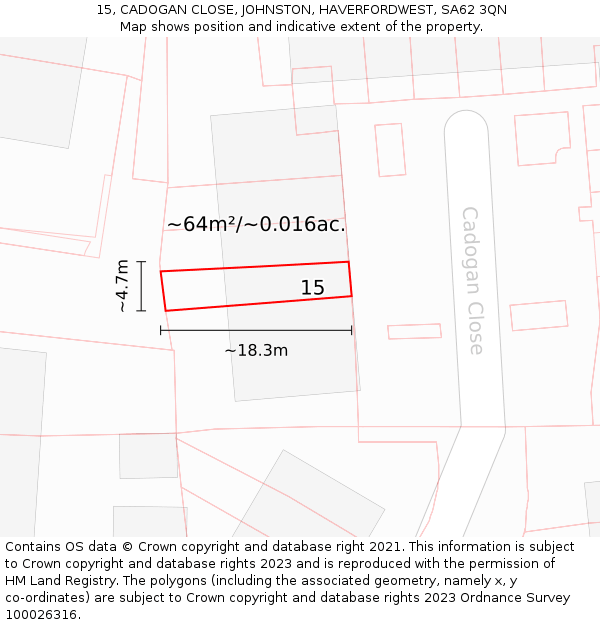 15, CADOGAN CLOSE, JOHNSTON, HAVERFORDWEST, SA62 3QN: Plot and title map