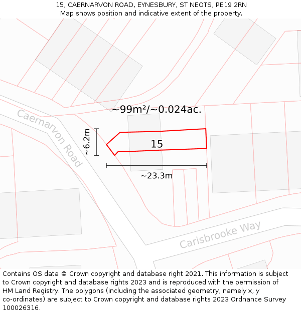 15, CAERNARVON ROAD, EYNESBURY, ST NEOTS, PE19 2RN: Plot and title map