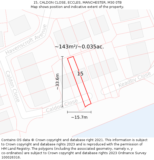 15, CALDON CLOSE, ECCLES, MANCHESTER, M30 0TB: Plot and title map