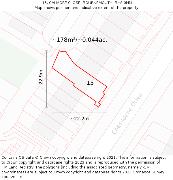 15, CALMORE CLOSE, BOURNEMOUTH, BH8 0NN: Plot and title map