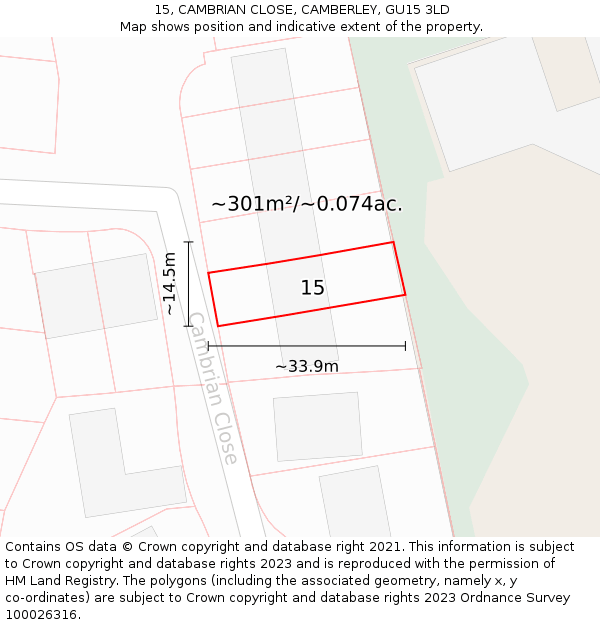 15, CAMBRIAN CLOSE, CAMBERLEY, GU15 3LD: Plot and title map