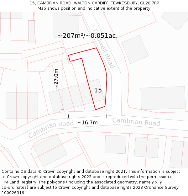 15, CAMBRIAN ROAD, WALTON CARDIFF, TEWKESBURY, GL20 7RP: Plot and title map
