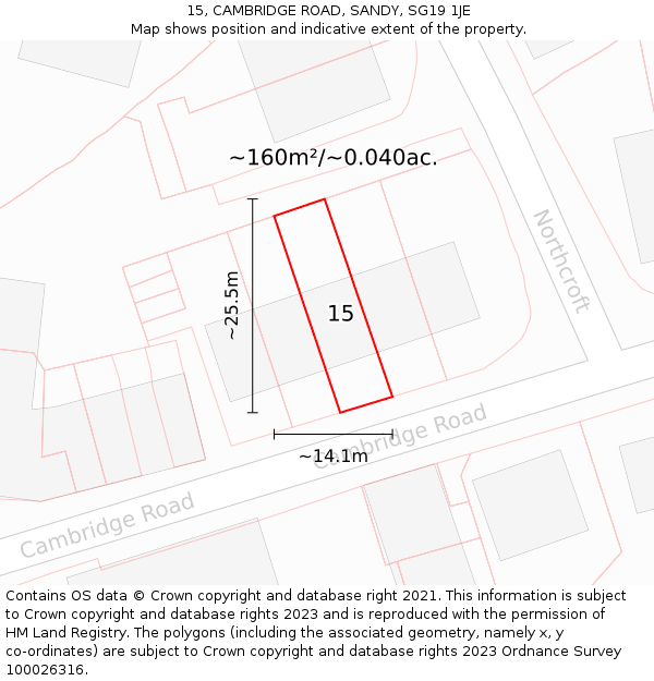 15, CAMBRIDGE ROAD, SANDY, SG19 1JE: Plot and title map