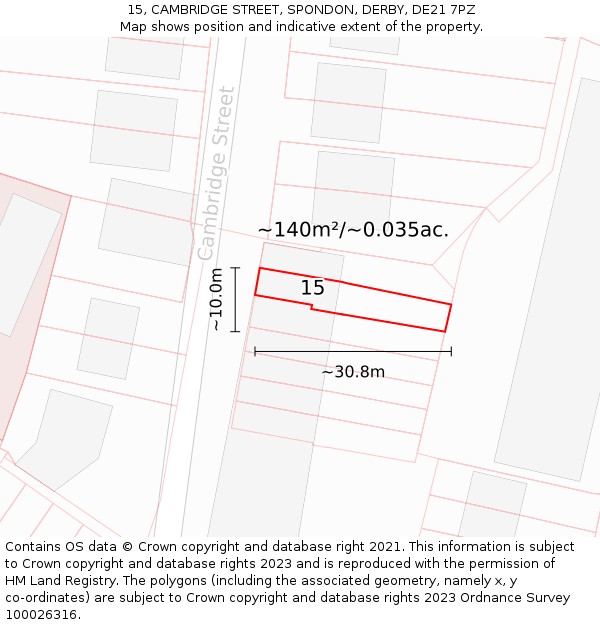 15, CAMBRIDGE STREET, SPONDON, DERBY, DE21 7PZ: Plot and title map