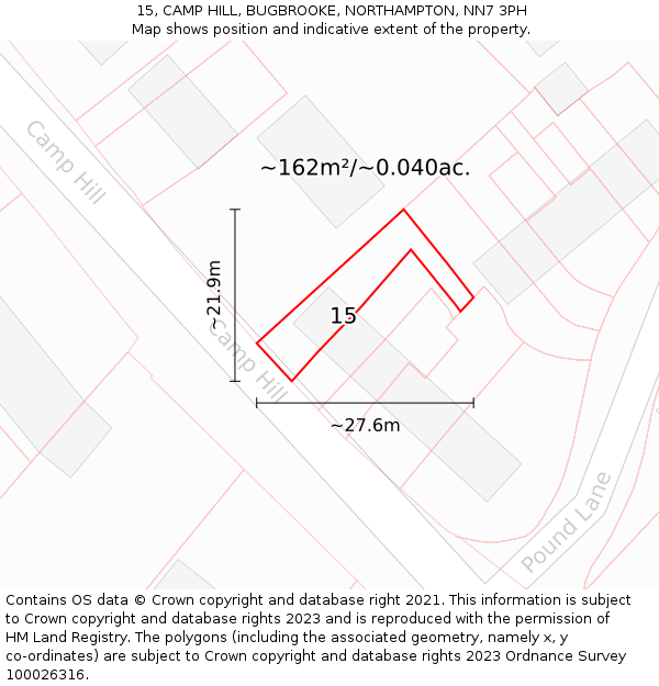 15, CAMP HILL, BUGBROOKE, NORTHAMPTON, NN7 3PH: Plot and title map