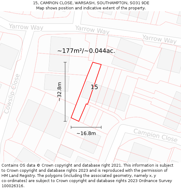 15, CAMPION CLOSE, WARSASH, SOUTHAMPTON, SO31 9DE: Plot and title map