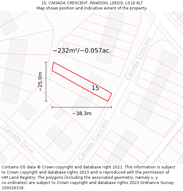15, CANADA CRESCENT, RAWDON, LEEDS, LS19 6LT: Plot and title map