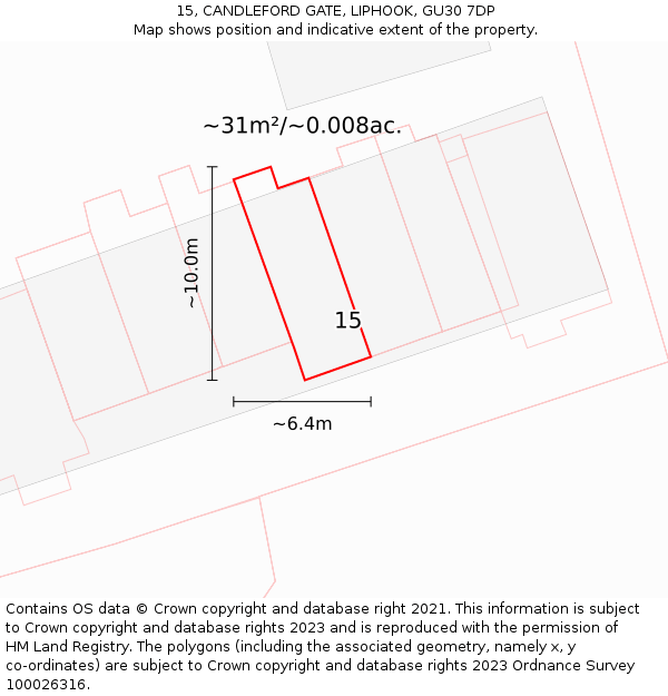 15, CANDLEFORD GATE, LIPHOOK, GU30 7DP: Plot and title map
