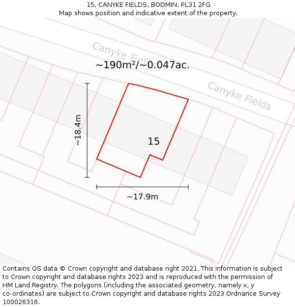 15, CANYKE FIELDS, BODMIN, PL31 2FG: Plot and title map