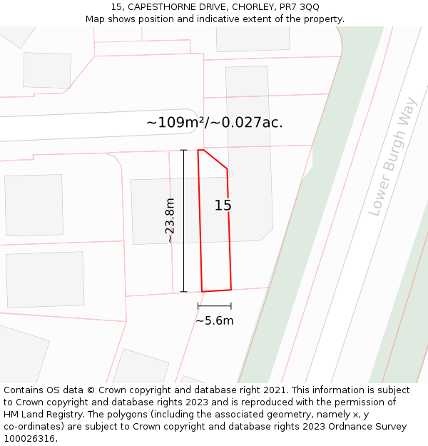 15, CAPESTHORNE DRIVE, CHORLEY, PR7 3QQ: Plot and title map