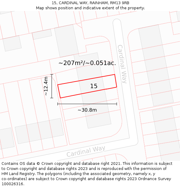 15, CARDINAL WAY, RAINHAM, RM13 9RB: Plot and title map