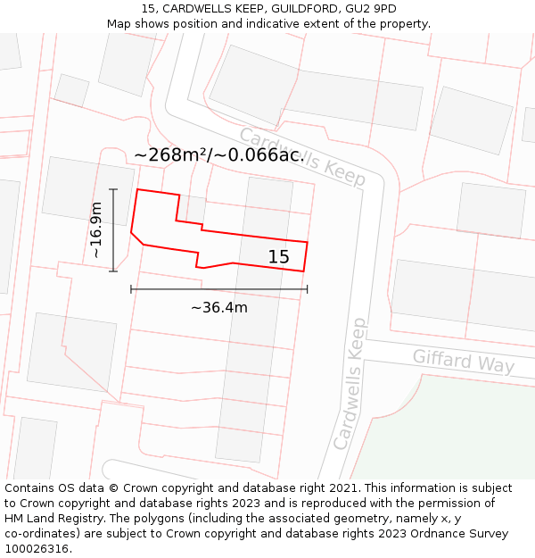 15, CARDWELLS KEEP, GUILDFORD, GU2 9PD: Plot and title map