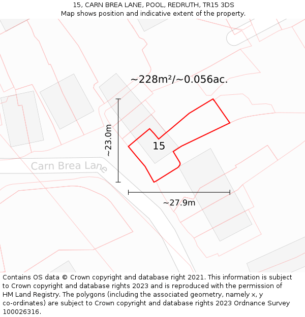 15, CARN BREA LANE, POOL, REDRUTH, TR15 3DS: Plot and title map