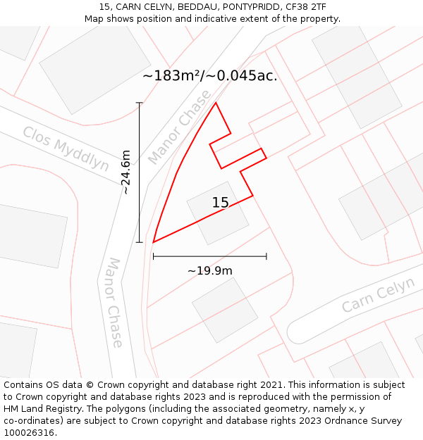 15, CARN CELYN, BEDDAU, PONTYPRIDD, CF38 2TF: Plot and title map