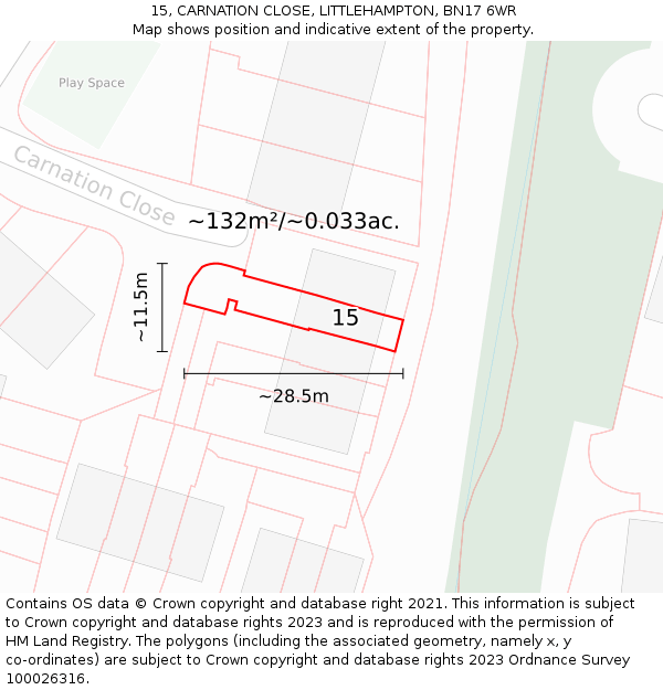 15, CARNATION CLOSE, LITTLEHAMPTON, BN17 6WR: Plot and title map