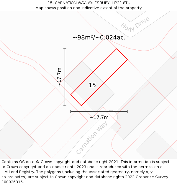 15, CARNATION WAY, AYLESBURY, HP21 8TU: Plot and title map