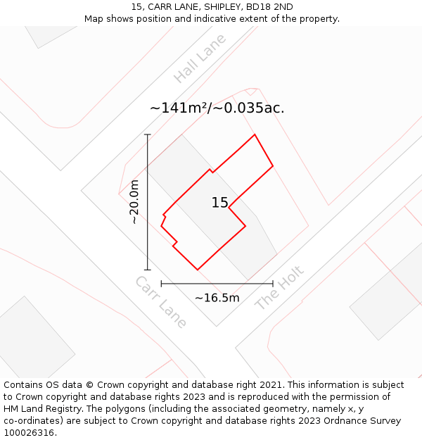 15, CARR LANE, SHIPLEY, BD18 2ND: Plot and title map