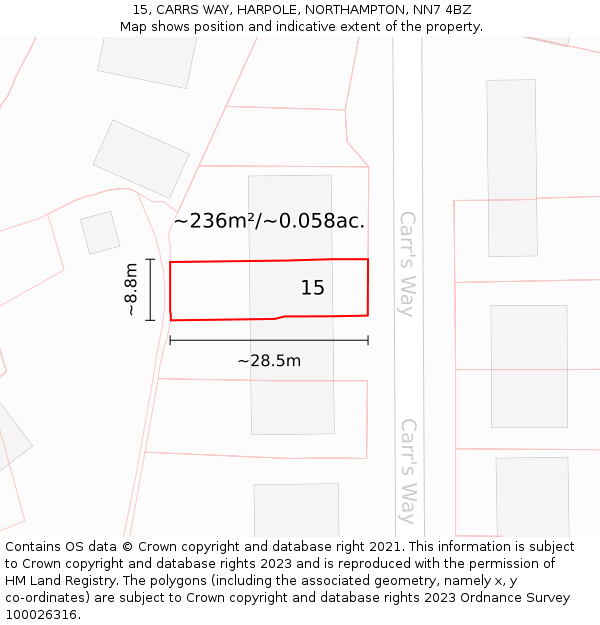 15, CARRS WAY, HARPOLE, NORTHAMPTON, NN7 4BZ: Plot and title map