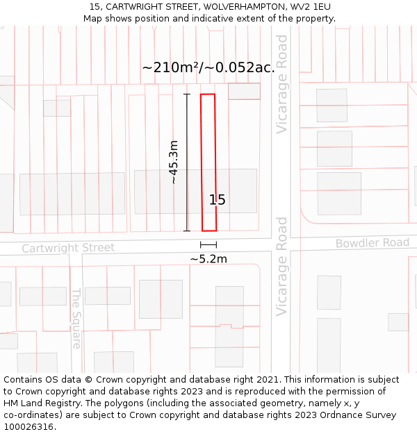 15, CARTWRIGHT STREET, WOLVERHAMPTON, WV2 1EU: Plot and title map