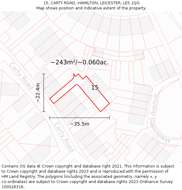 15, CARTY ROAD, HAMILTON, LEICESTER, LE5 1QG: Plot and title map