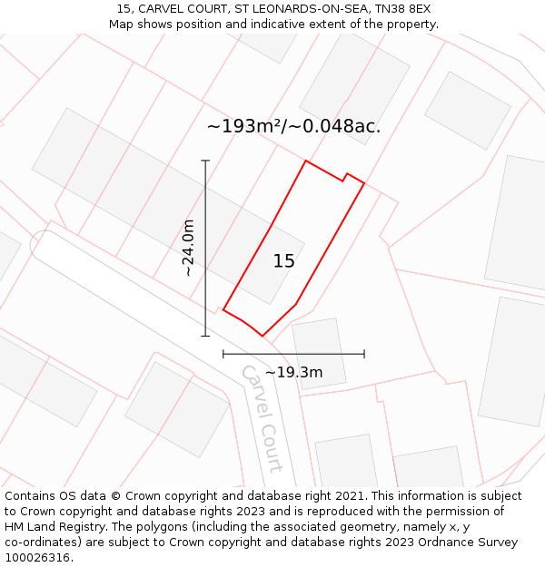 15, CARVEL COURT, ST LEONARDS-ON-SEA, TN38 8EX: Plot and title map
